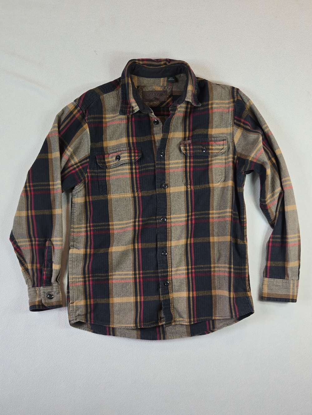 Orvis Men's Plaid Button-Down Shirt in Tan, Black & Burgundy